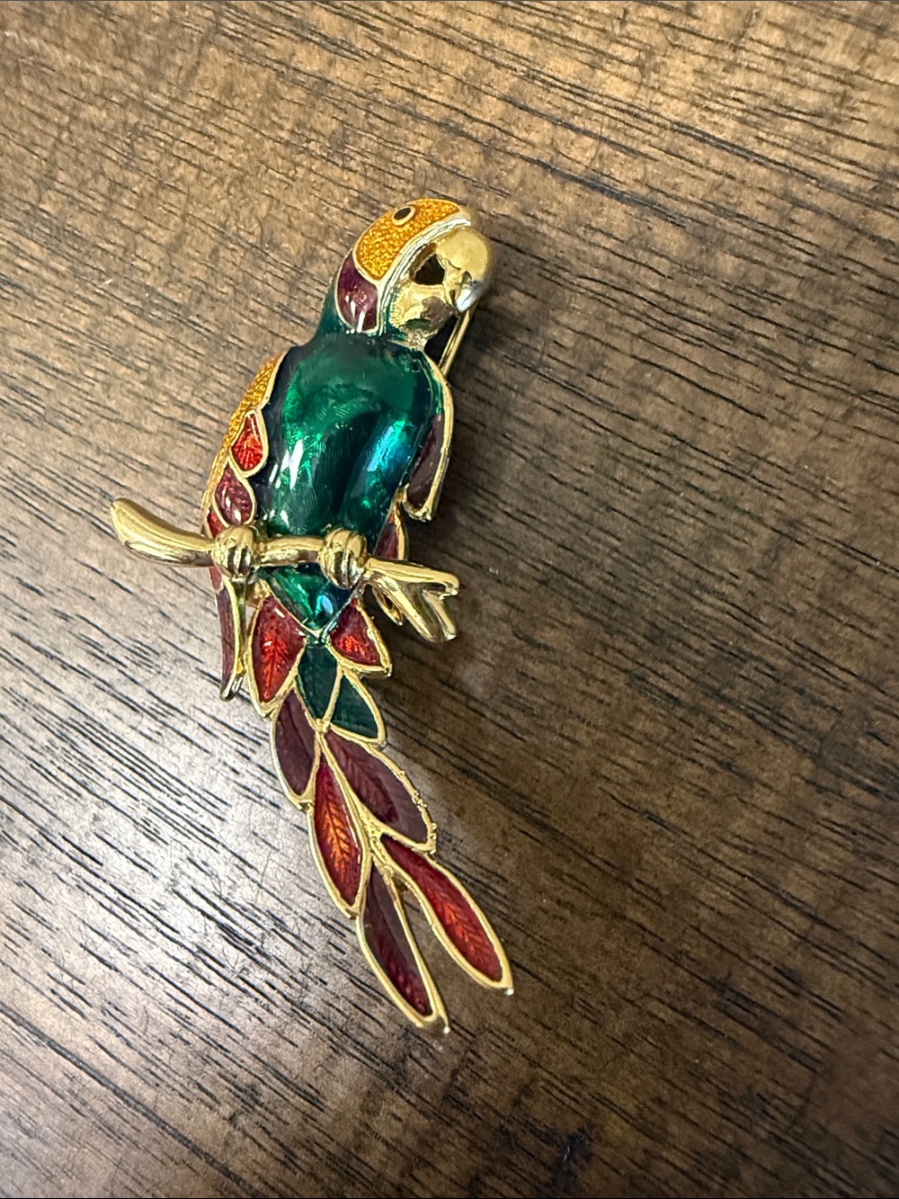 Gold-Tone Colorful Parrot Brooch with Green Body